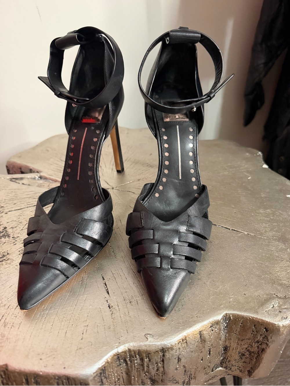 Dolce Vita Black Pointed Woven Ankle-Strap Heels